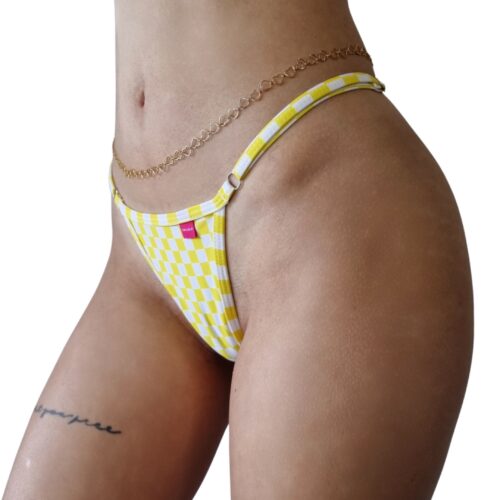 Checkered Micro Bikini - Yellow by OH LOLA SWIMWEAR - Side Adjustable V-String | FRONT