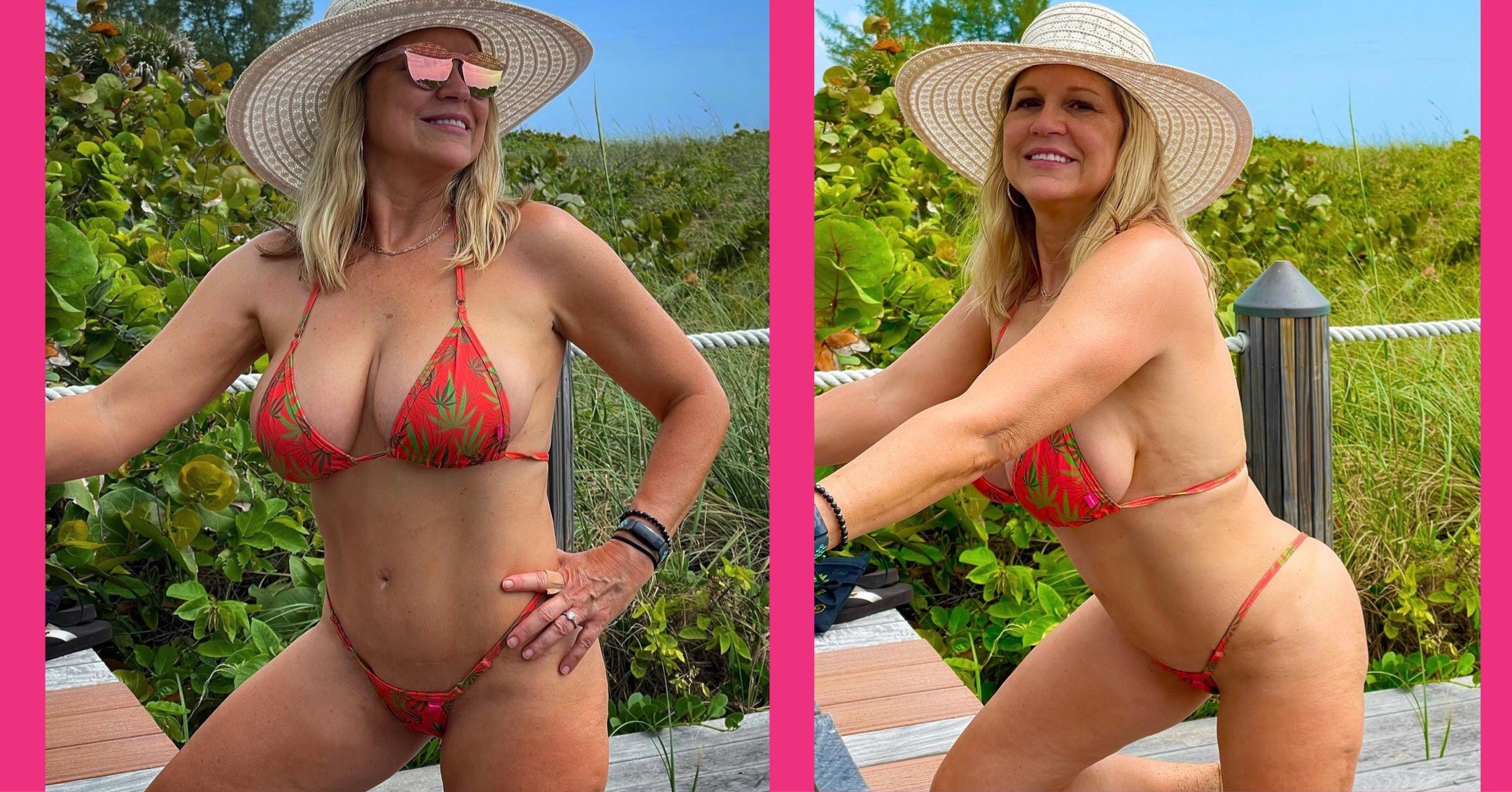 Sexy Bikini Traveler posing with Orange Bud Micro Bikini by OH LOLA SWIMWEAR