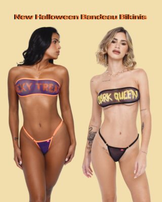 Gorgeous Women Modeling Two of the New Halloween Sheer Bandeau Bikinis in front of a light yellow background and with the caption New Halloween Bandeau Bikinis