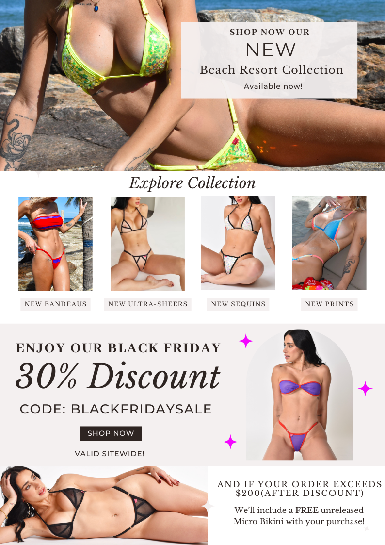 Vertical Banner showcasing the six New Bikinis form the Beach Resort Collection and also contains information about the 30% Black Friday 2025 Promo