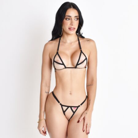 Sheer Nude Micro Bikini With Black Straps Oh Lola Swimwear