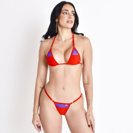 Model Showcasing the Red and Violet Sunset Mirage Micro Bikini