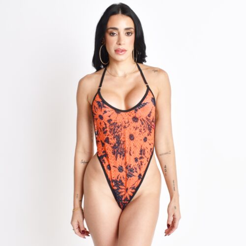 Model showcasing the front view of the Sunset Waves Mesh Bikini