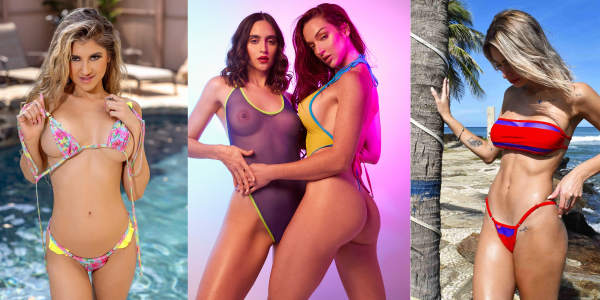 Three set of pictures merged in one banner of female models showcasing a different type of swimwear, the first model is posing by the pool with a floral print bikini with ruffled details, the picture in the middle is about to female models posing with a violet and yellow one piece swimsuits and the third picture is a model posing to showcase a red bandeau top bikini while posing by the side of a coconut tree in beach resort.