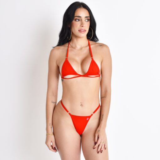 Model showcasing the intense red Ashley's Sins Micro Bikini