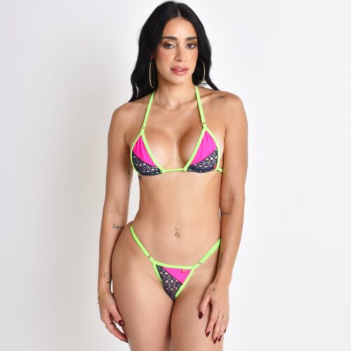 Model showcasing a Neon Pink and Blue Mesh Micro Bikini with neon green straps