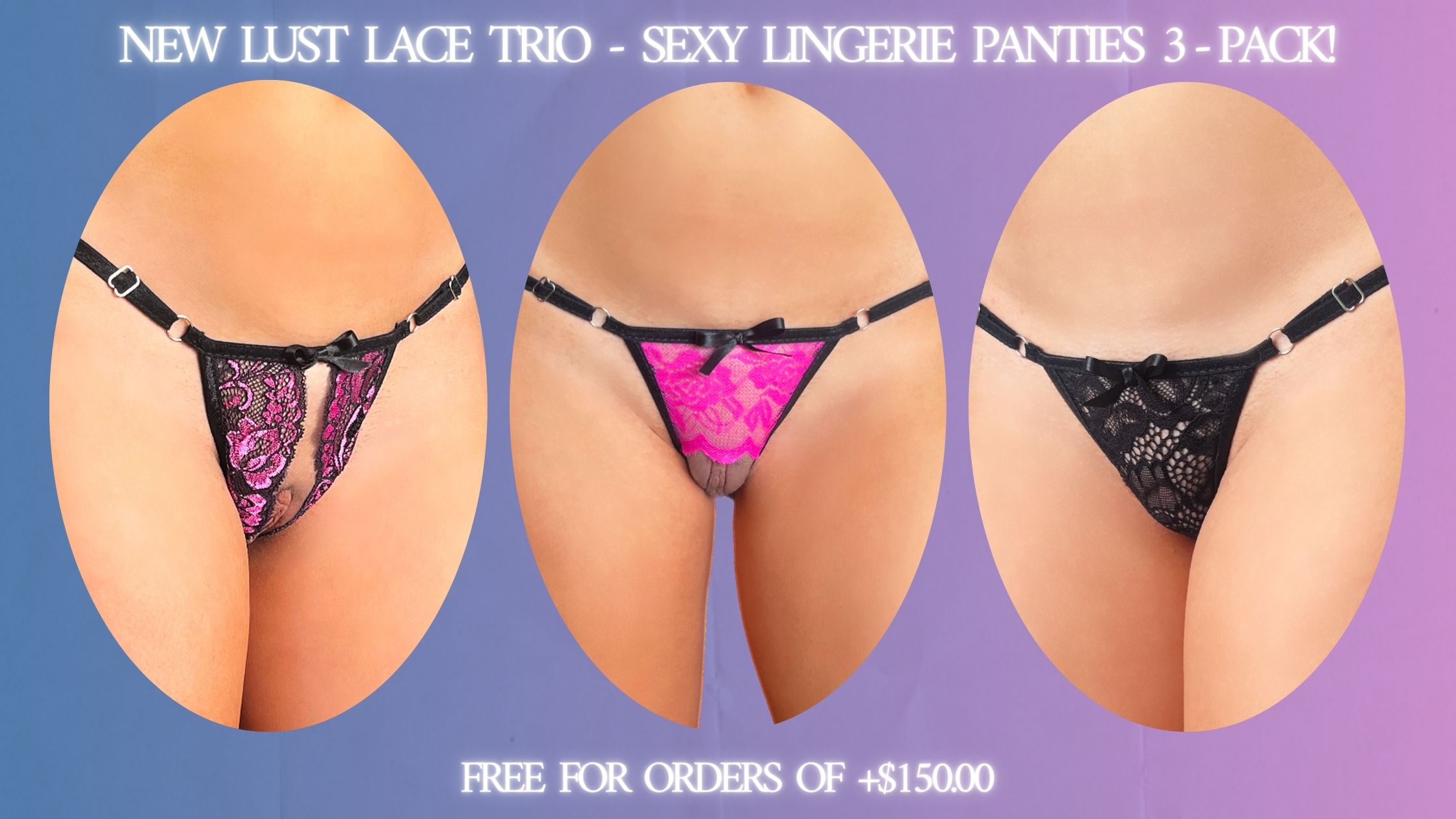 A banner with gradient blue and purple hues showcasing three pictures of female model posing with lingerie panties. This is a banner to announce the 3-pack lingerie panties giveaway for orders of $150