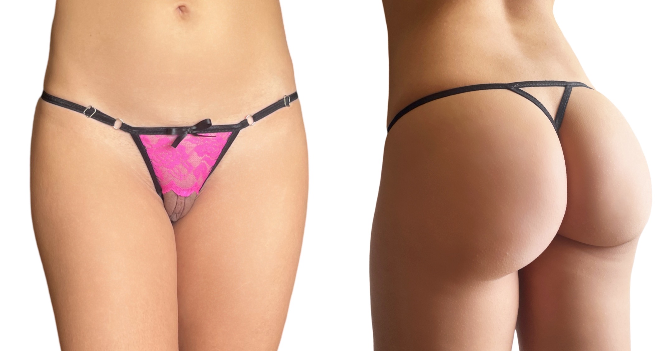 Female Model with a light tan showcasing the front and rear view of a Pink Lingerie Panty with Black Straps and a small lace in the front