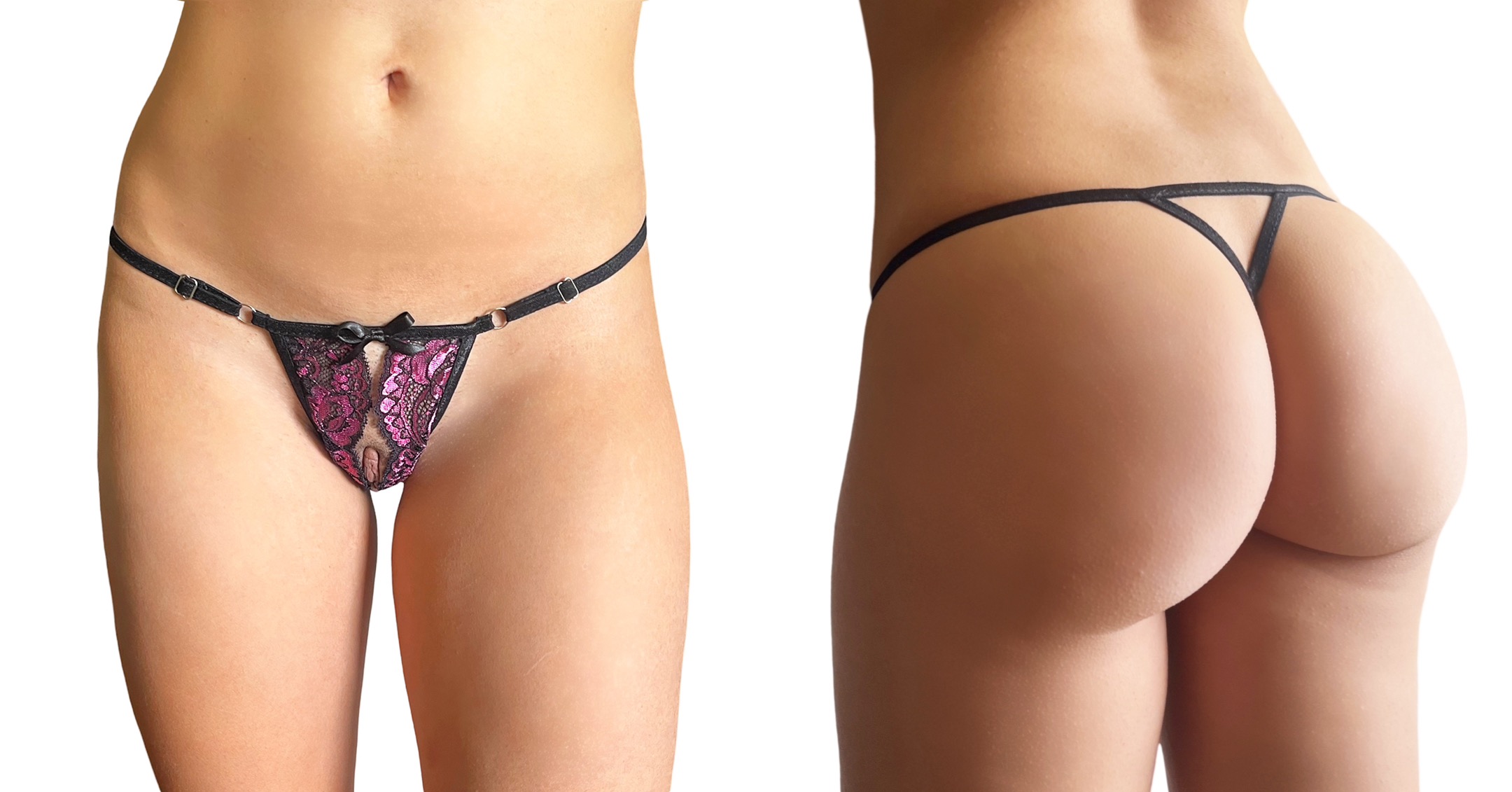 Female model with a light tan showcasing the frontal and rear views of a light purple and black straps lingerie panty with cut-out detail in the front. Free sexy lingerie giveaway