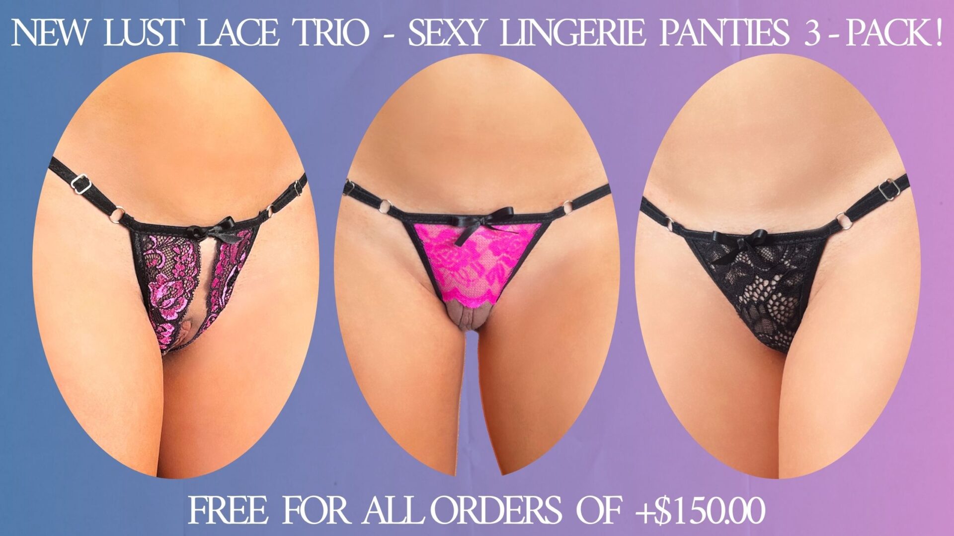 Female model showcasing a set of three lingerie panties with cute black laces in the front. This is part of a giveaway promo