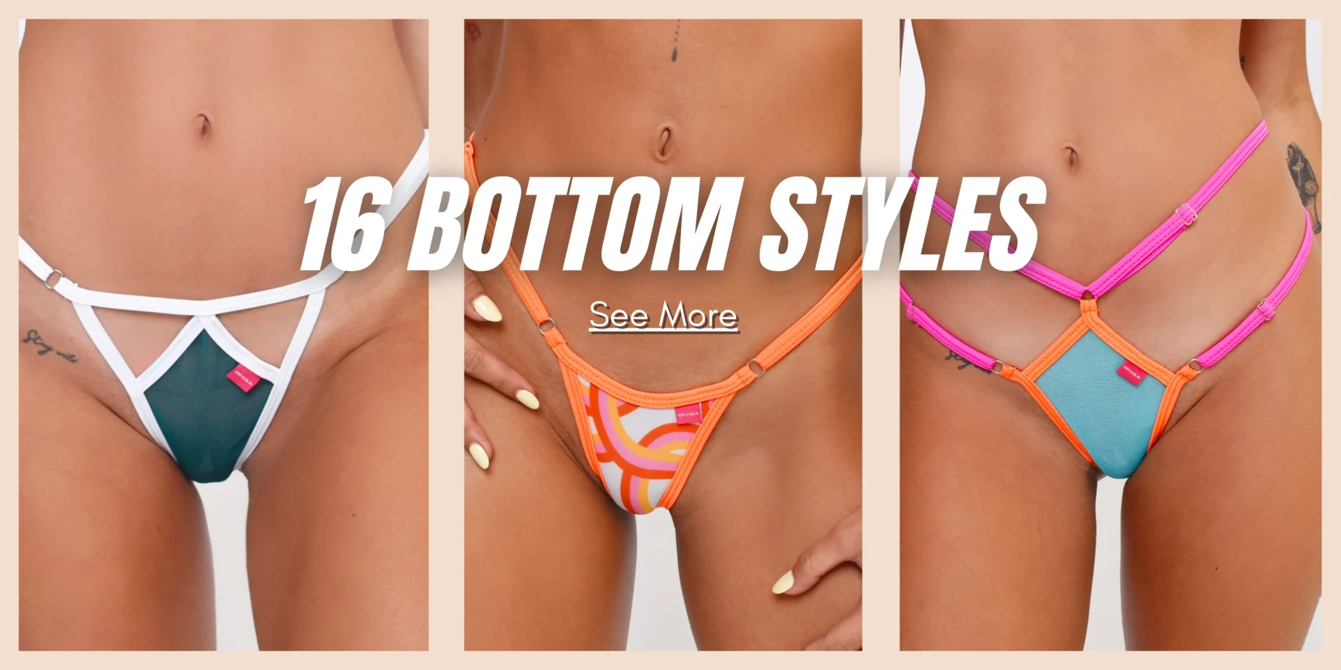 A banner showcasing a model posing with three different bikini bottom styles