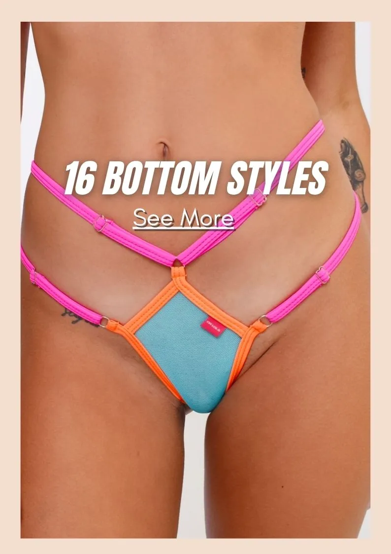 Model showcasing a two straps diamond bikini bottom with light blue panel and purple and orange straps