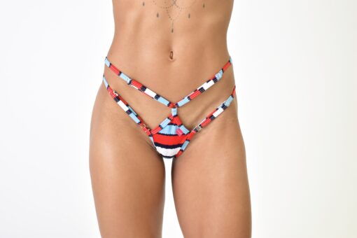 Model showcasing a close up view of the 2 Straps Diamond Bottom option for the American Tease Bikini
