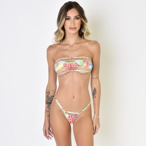 Model showcasing a sheer textured bandeau bikini with nano-mesh details