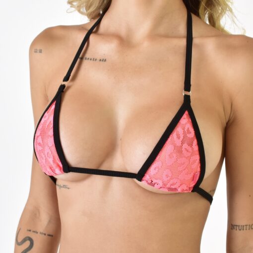 Model showcasing the triangle top piece of a Pink leopard mesh bikini with black straps Frontal View