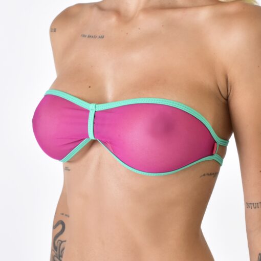 Model showcasing the Bandeau Top of a sheer violet bandeau bikini with aqua trim