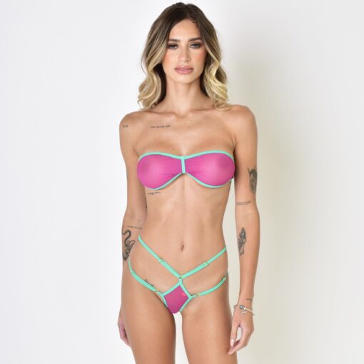 Model showcasing the sheer violet bandeau bikini with aqua trim