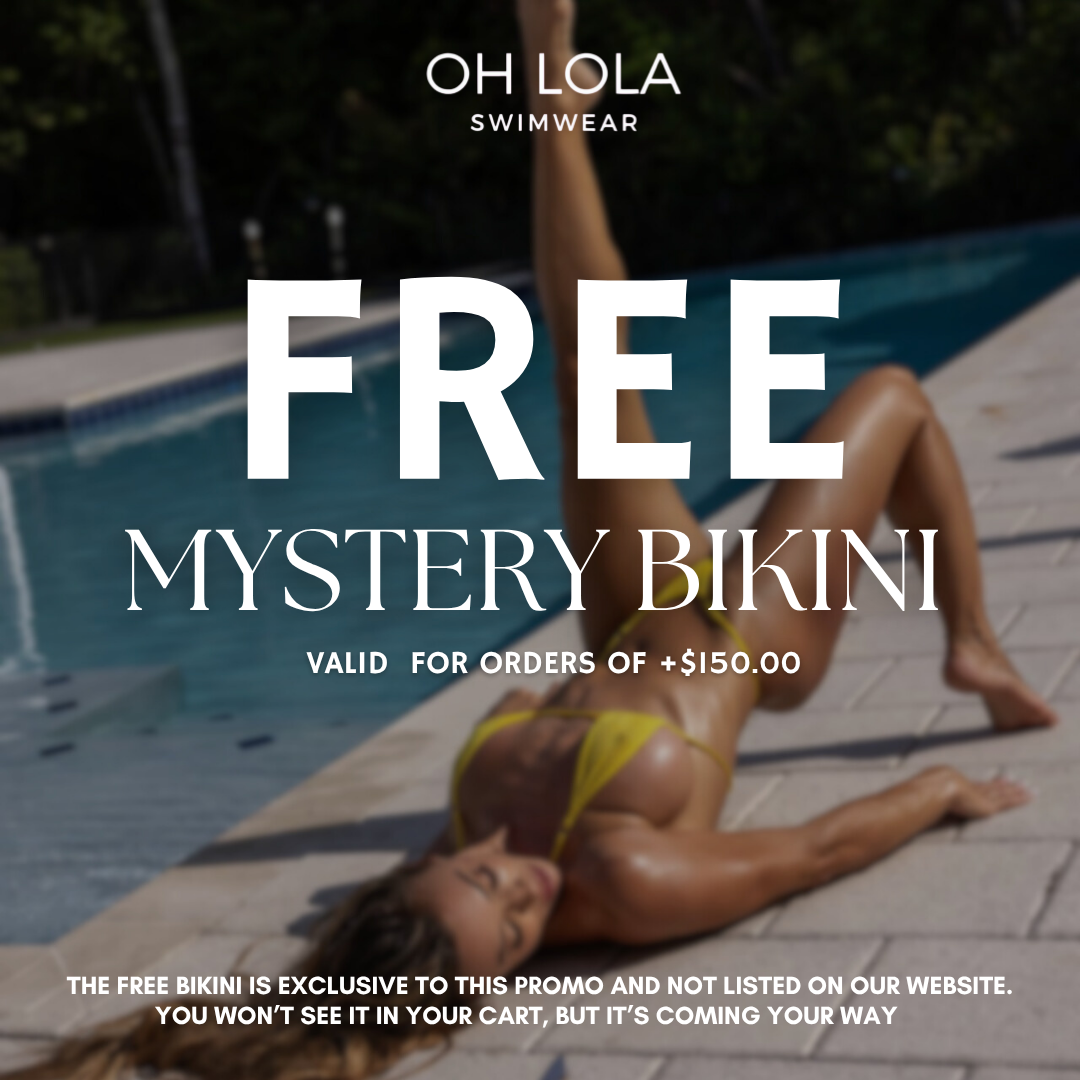 Model posing by the pool in a mysterious bikini to introduce the Free Micro Bikini Promo for orders of +$150