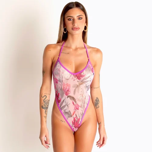 Front view of light pink sheer floral swimsuit with violet trim, high-leg halter.