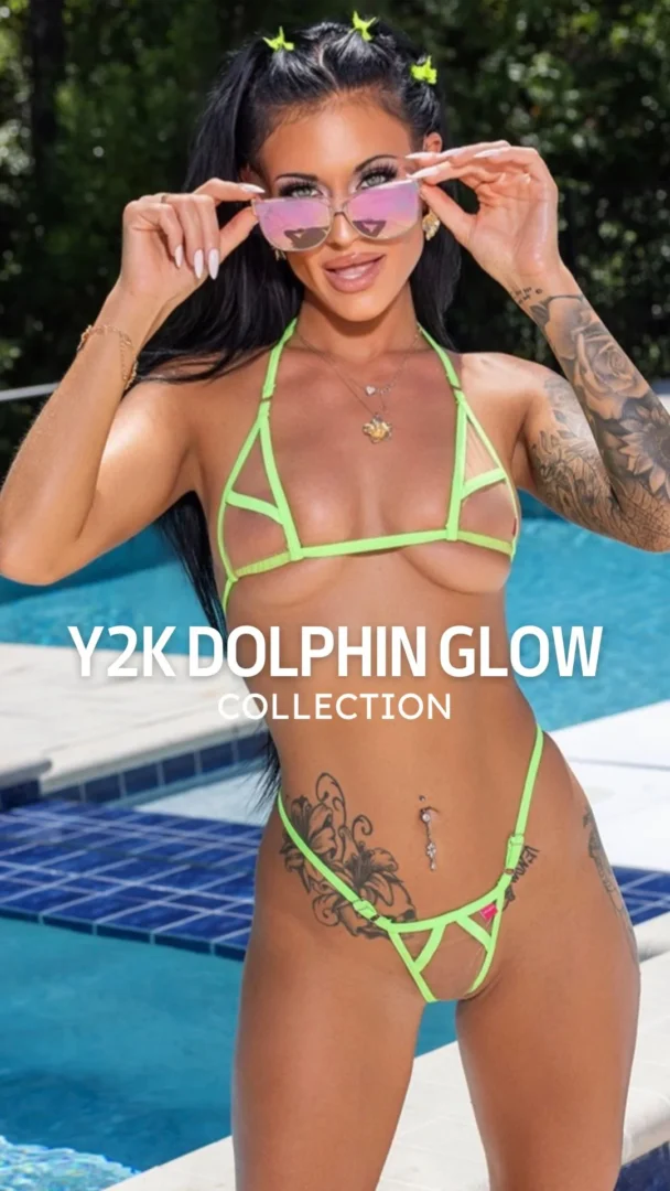 Model posing with an ultra-sheer bikini with green neon trim