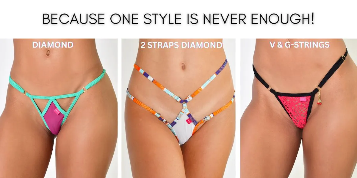 Models showcasing 3 different swim bottom styles by Oh Lola Swimwear