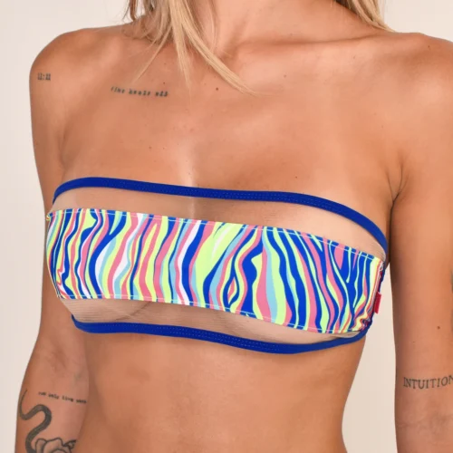 Printed micro bikini bandeau top with colorful abstract pattern, patterned bikini set featuring sheer mesh detail and blue trim