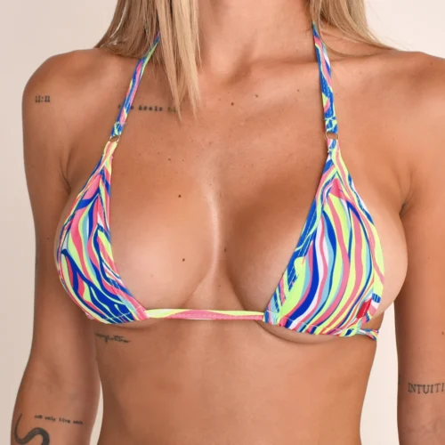 Abstract Print Micro Bikini top close-up with colorful abstract pattern and blue print tiny bikini triangle top design
