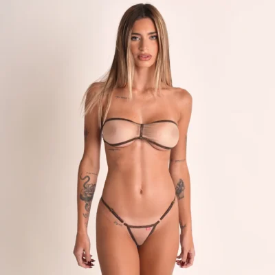 Ultra-sheer bandeau micro bikini with bronze trim front view minimal coverage