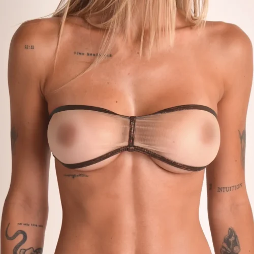 Sheer bandeau bikini top bronze trim close-up detail