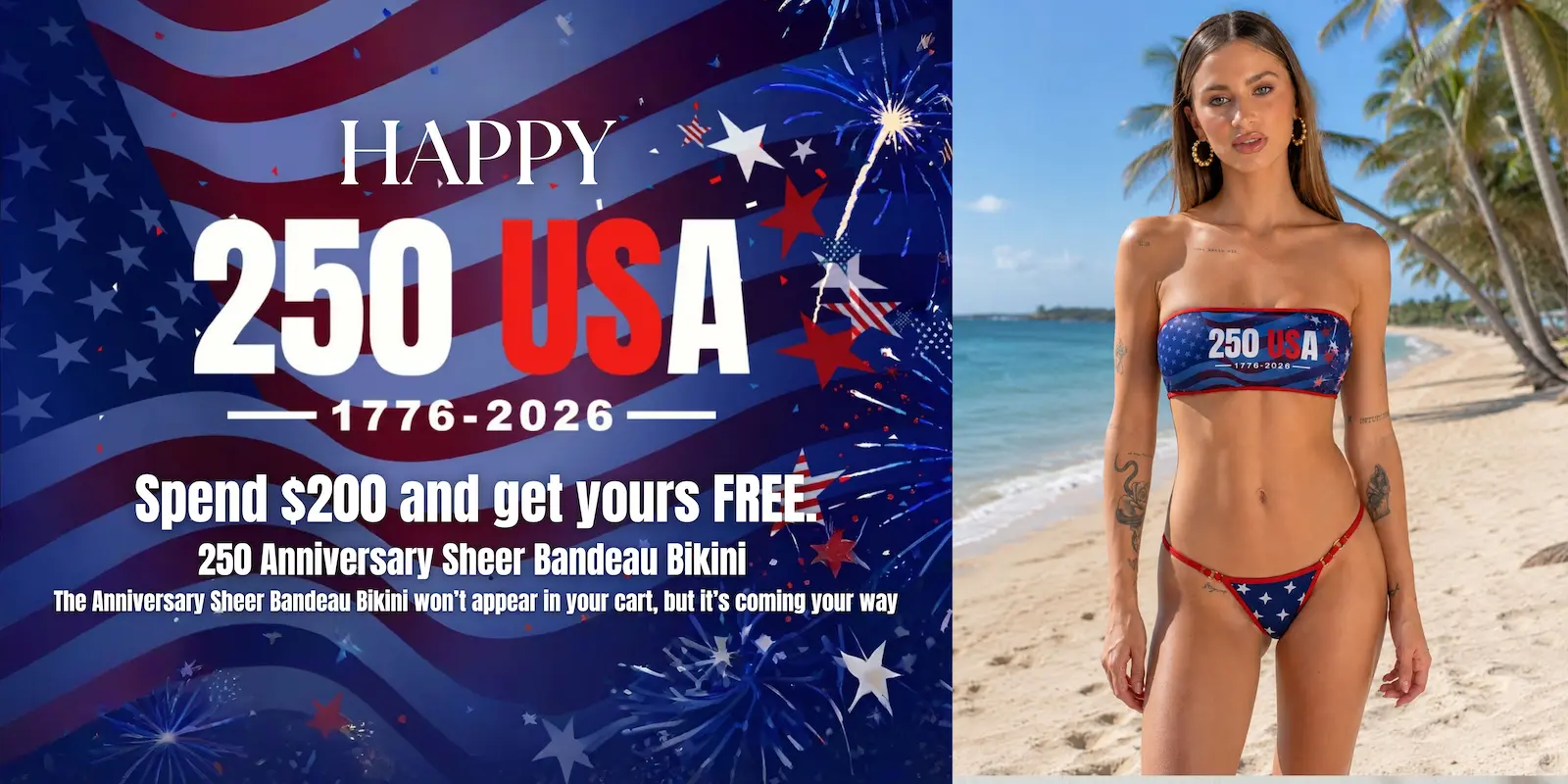 Model posing with the new 250 anniversary sheer bandeau bikini from Oh Lola Swimwear