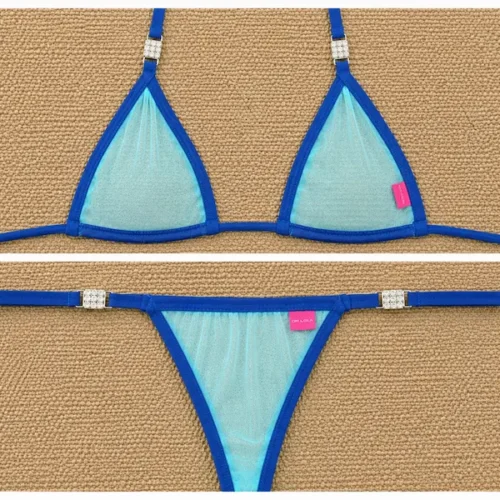 Light blue panels and navy blue straps sheer bikini top and bottom piece