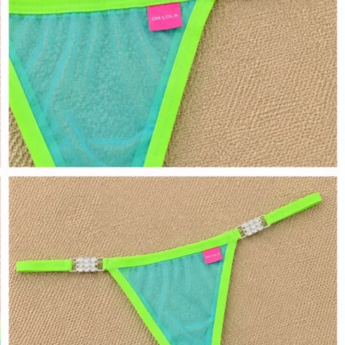 White Sands Sheer Bikini 2026 - Neon Green Straps & Crystal Brackets panty close view