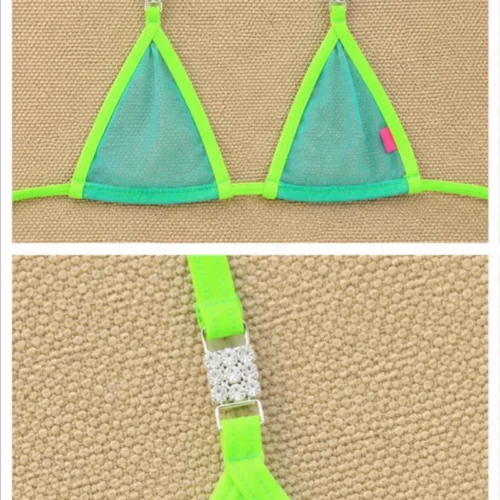 White Sands Sheer Bikini 2026 - Neon Green Straps & Crystal Brackets top close view