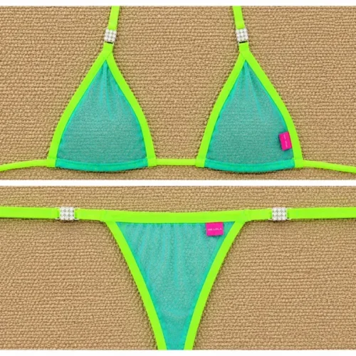 White Sands Sheer Bikini 2026 - Neon Green Straps & Crystal Brackets top and panty close view