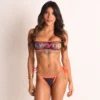 Front view of SWYNG x Oh Lola sheer bandeau bikini with orange trim, dark see-through mesh and gradient logo