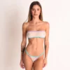 Aqua Violet Sheer Bandeau Bikini front view — nude sheer mesh bandeau with violet and aquamarine binding and a matching sheer adjustable V-String bottom.