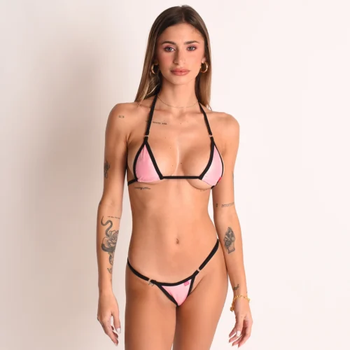 Pink Glaze Black Strap Micro Bikini front view — pink metallic triangle set with black lycra straps and matching micro bottom.