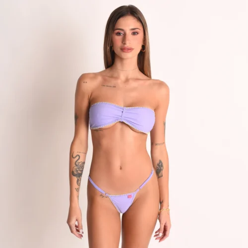 Violet Sky Crochet Edge Bandeau Bikini front view — light violet strapless set with yellow crochet trim and matching micro bottom from the Atlantic Heatwave Collection.